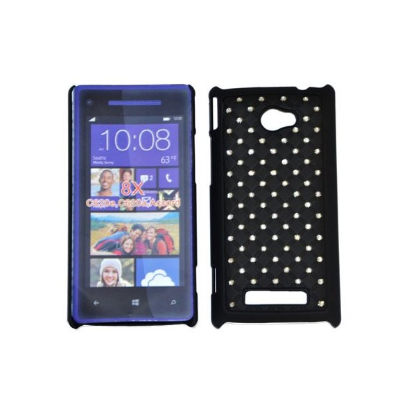 CUSTODIA RIGIDA GOMMATA CON BRILLANTINI per HTC WINDOWS PHONE 8X C620E COLORE NERO