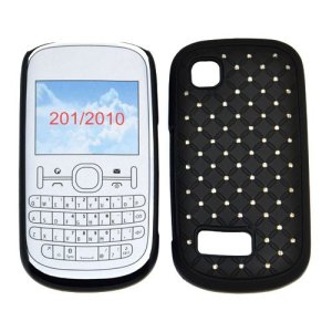 CUSTODIA RIGIDA GOMMATA CON BRILLANTINI per NOKIA ASHA 200, ASHA 201 COLORE NERO