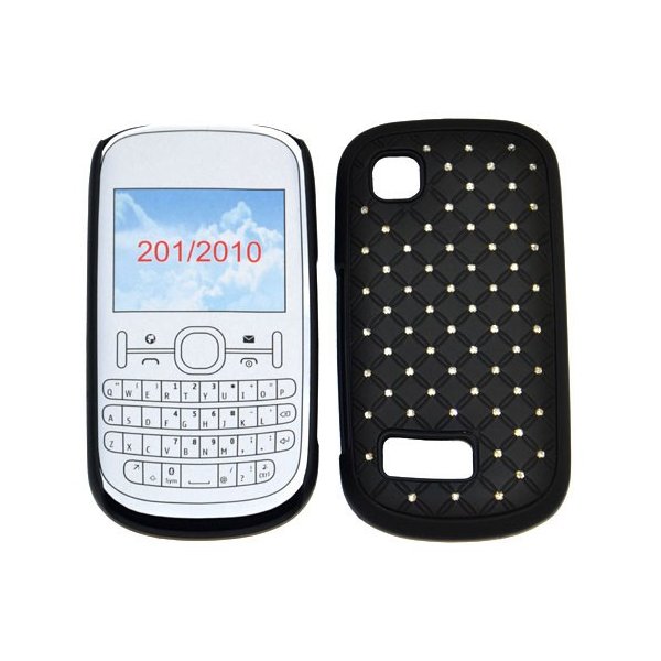 CUSTODIA RIGIDA GOMMATA CON BRILLANTINI per NOKIA ASHA 200, ASHA 201 COLORE NERO